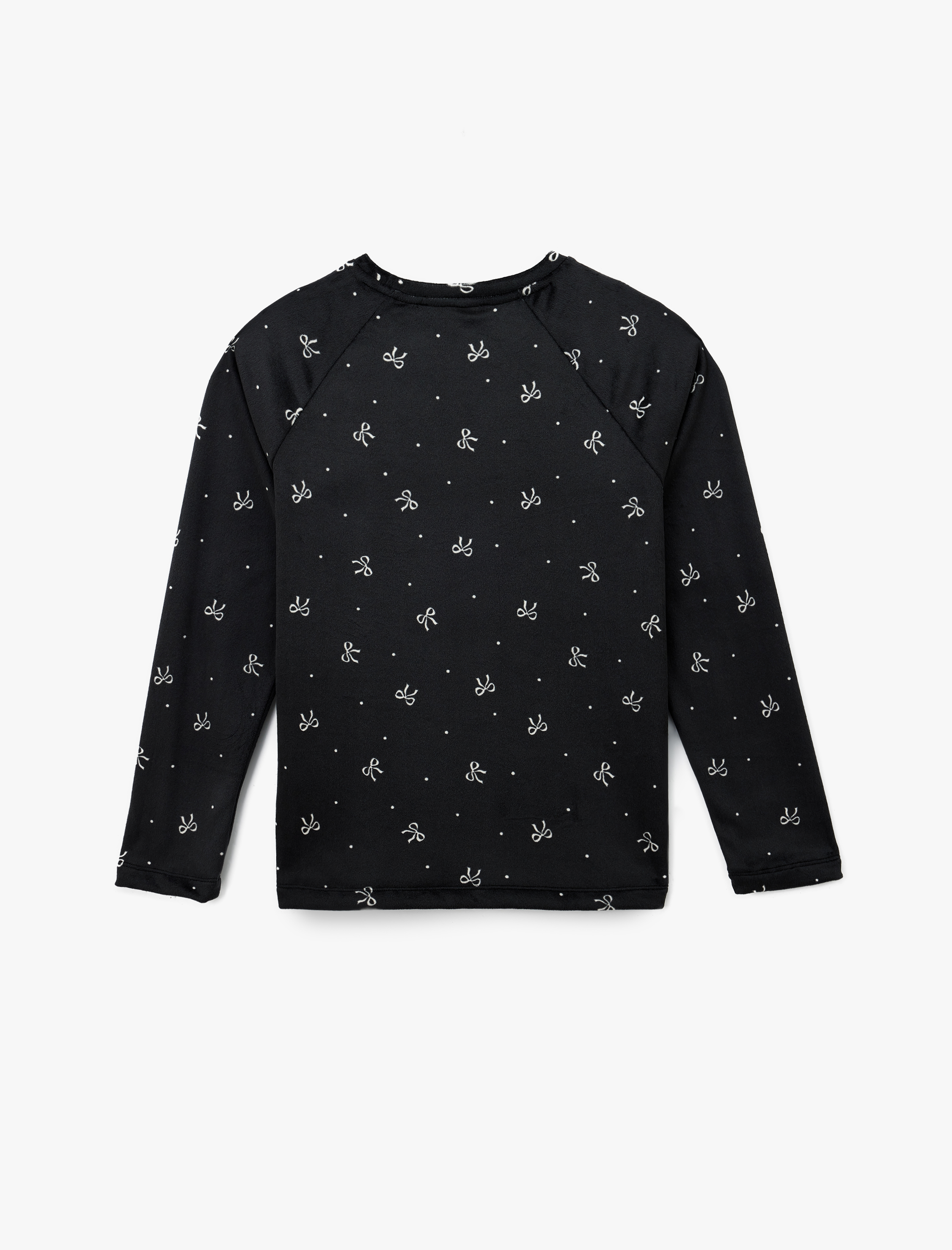   Uzun Kollu Bisiklet Yaka Fiyonk Desenli Kadife Pijama Üstü