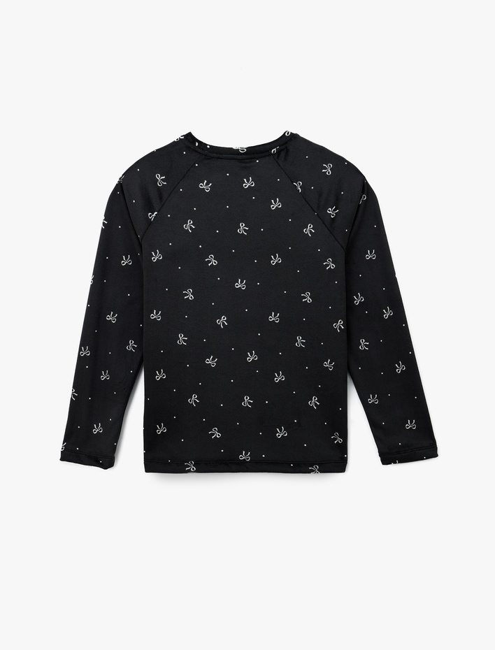  Uzun Kollu Bisiklet Yaka Fiyonk Desenli Kadife Pijama Üstü