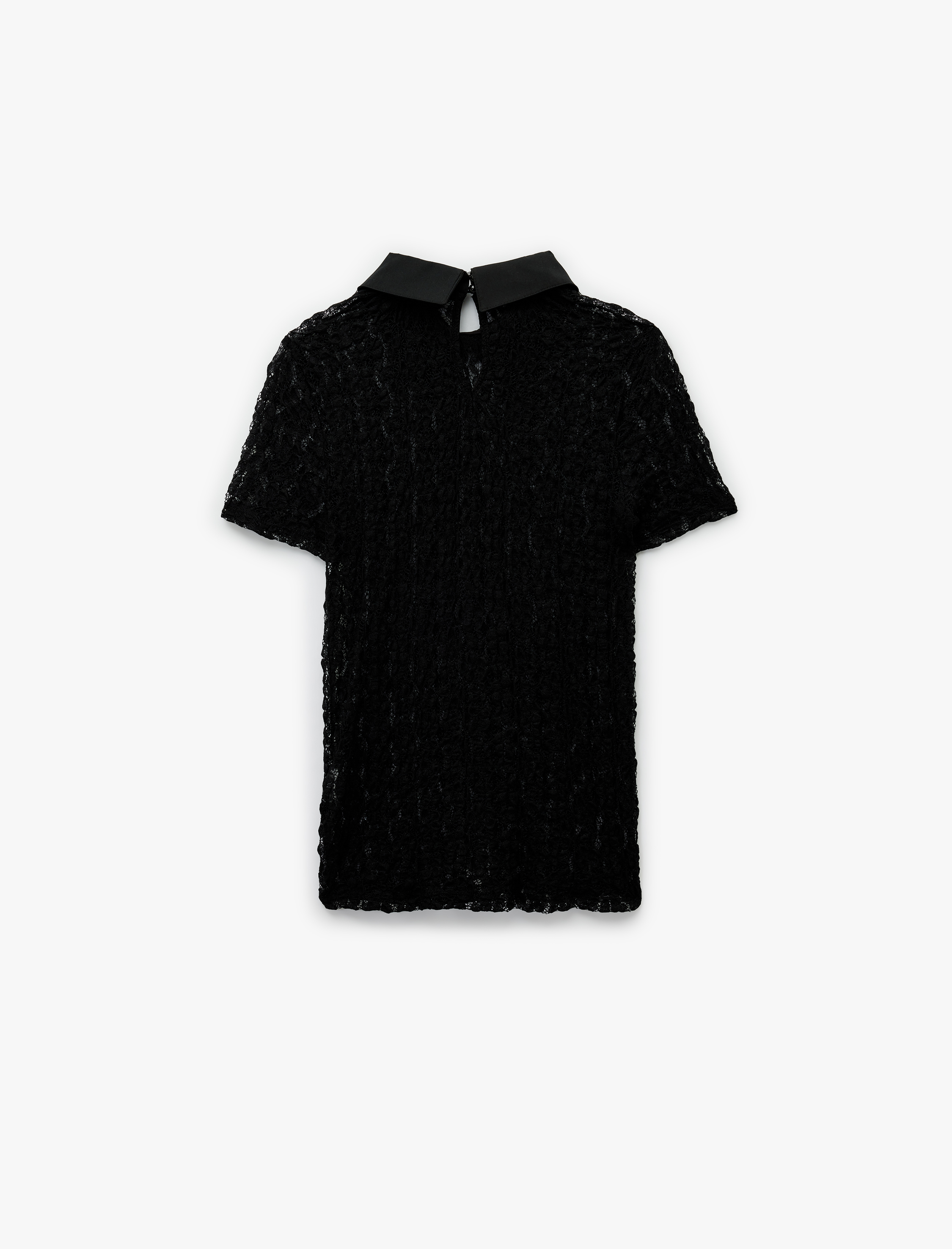   Transparan Gömlek Yaka Kısa Kollu Taş Detaylı Dantelli Bluz