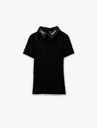 Transparan Gömlek Yaka Kısa Kollu Taş Detaylı Dantelli Bluz