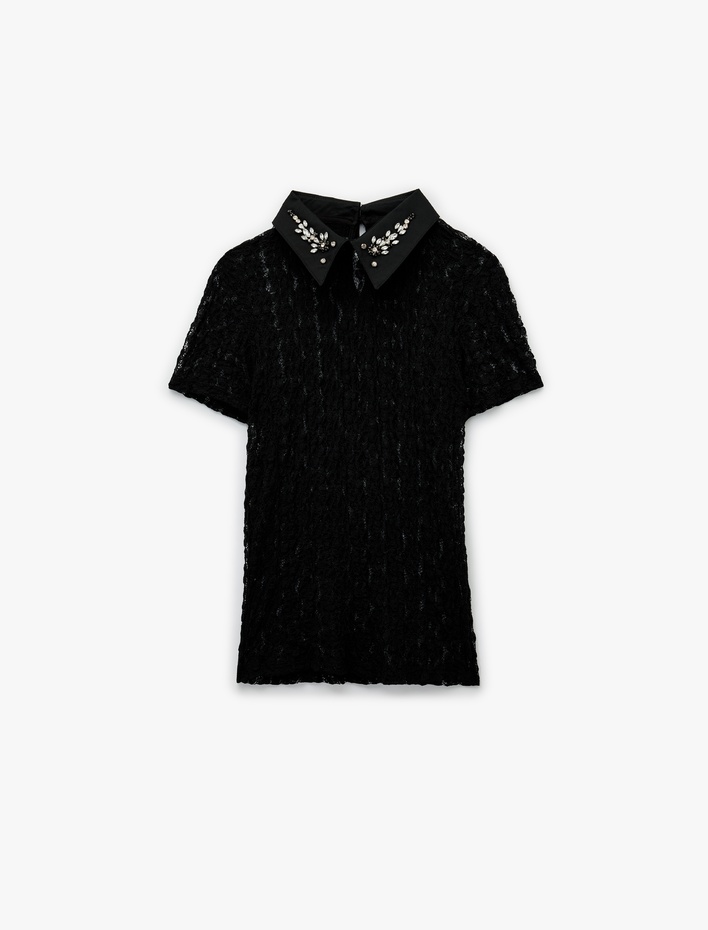  Transparan Gömlek Yaka Kısa Kollu Taş Detaylı Dantelli Bluz