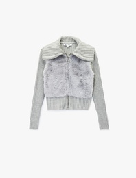 Slim Fit Uzun Kollu Dik Yaka Fermuarlı Suni Kürklü Hırka