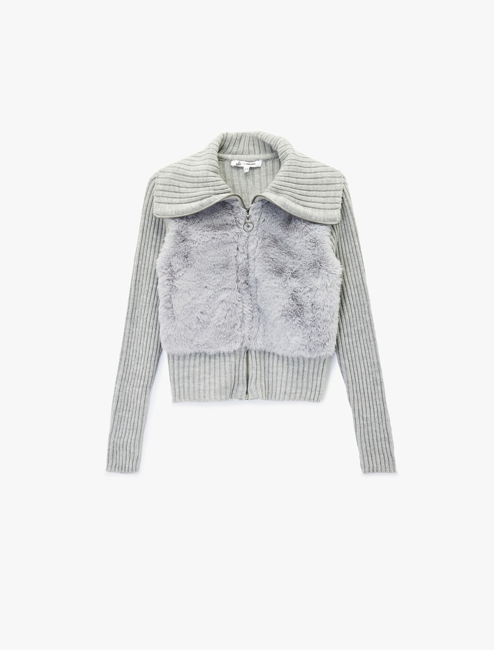  Slim Fit Uzun Kollu Dik Yaka Fermuarlı Suni Kürklü Hırka