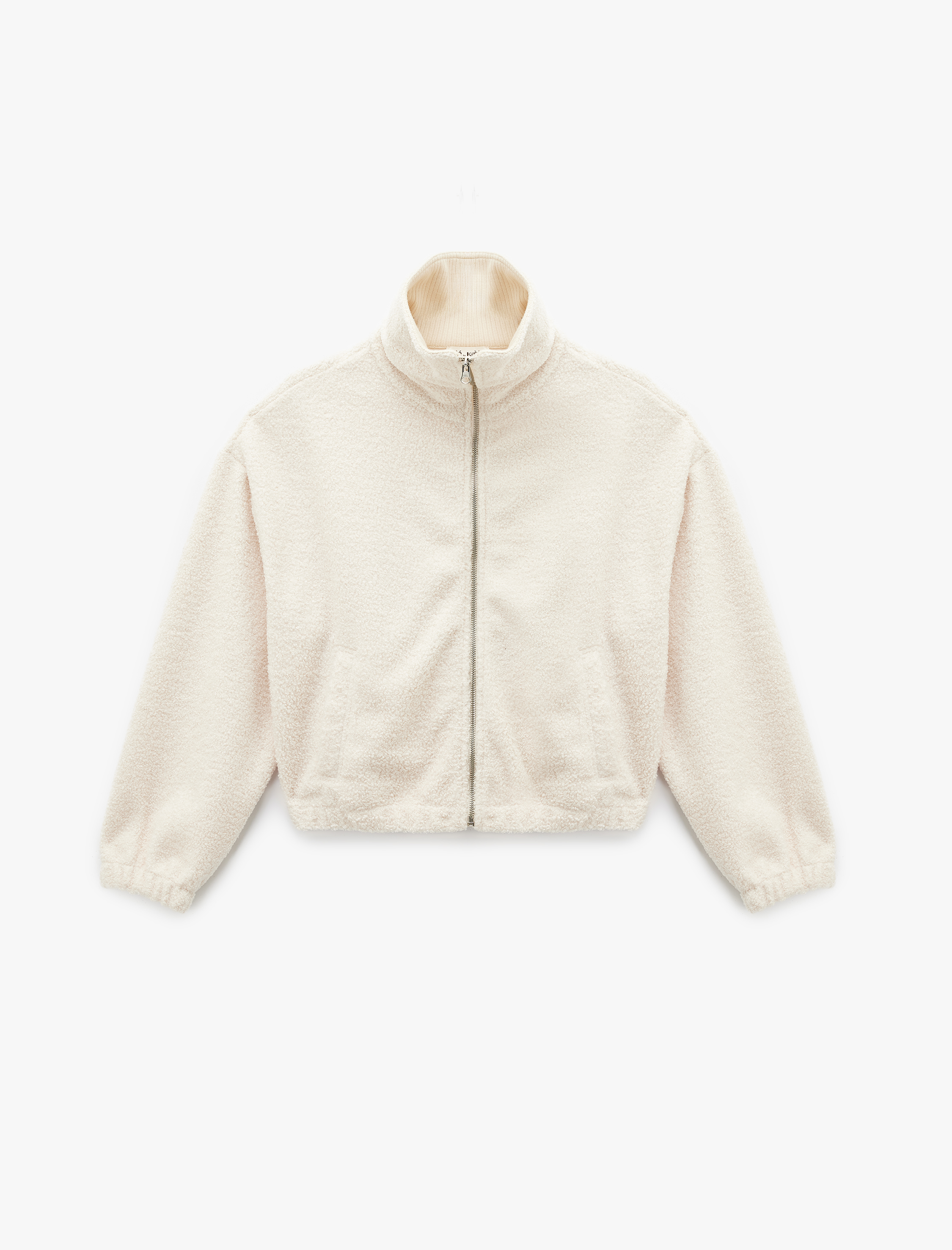   Dik Yaka Cep Detaylı Fermuarlı Oversize Peluş Ceket