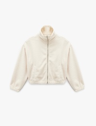 Dik Yaka Cep Detaylı Fermuarlı Oversize Peluş Ceket