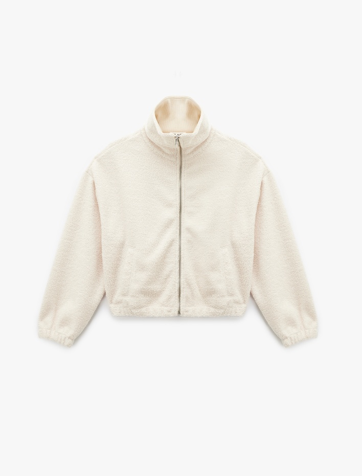  Dik Yaka Cep Detaylı Fermuarlı Oversize Peluş Ceket