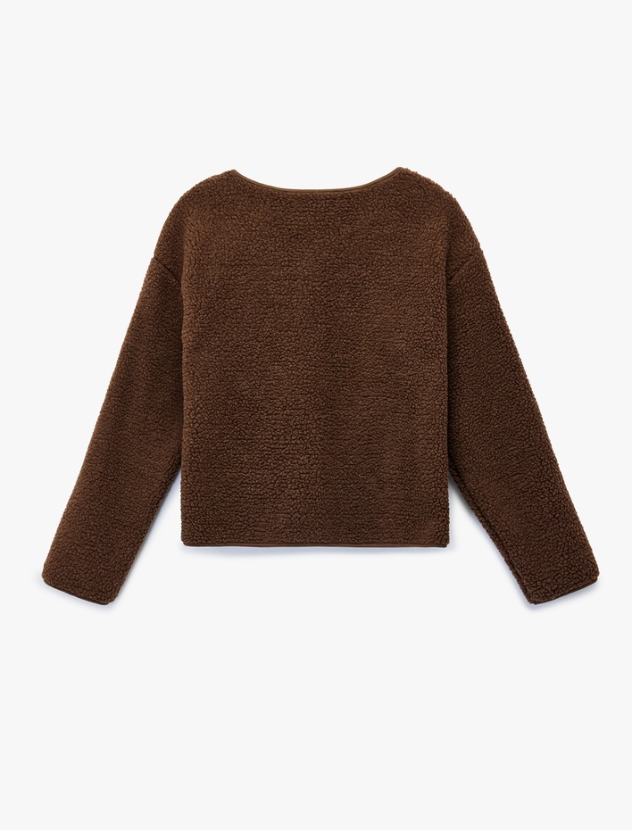  Uzun Kollu Düğmeli Cep Detaylı Bisiklet Yaka Peluş Ceket