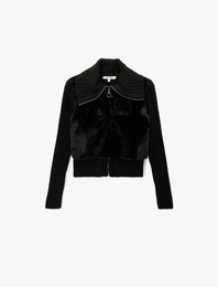 Slim Fit Uzun Kollu Dik Yaka Fermuarlı Suni Kürklü Hırka