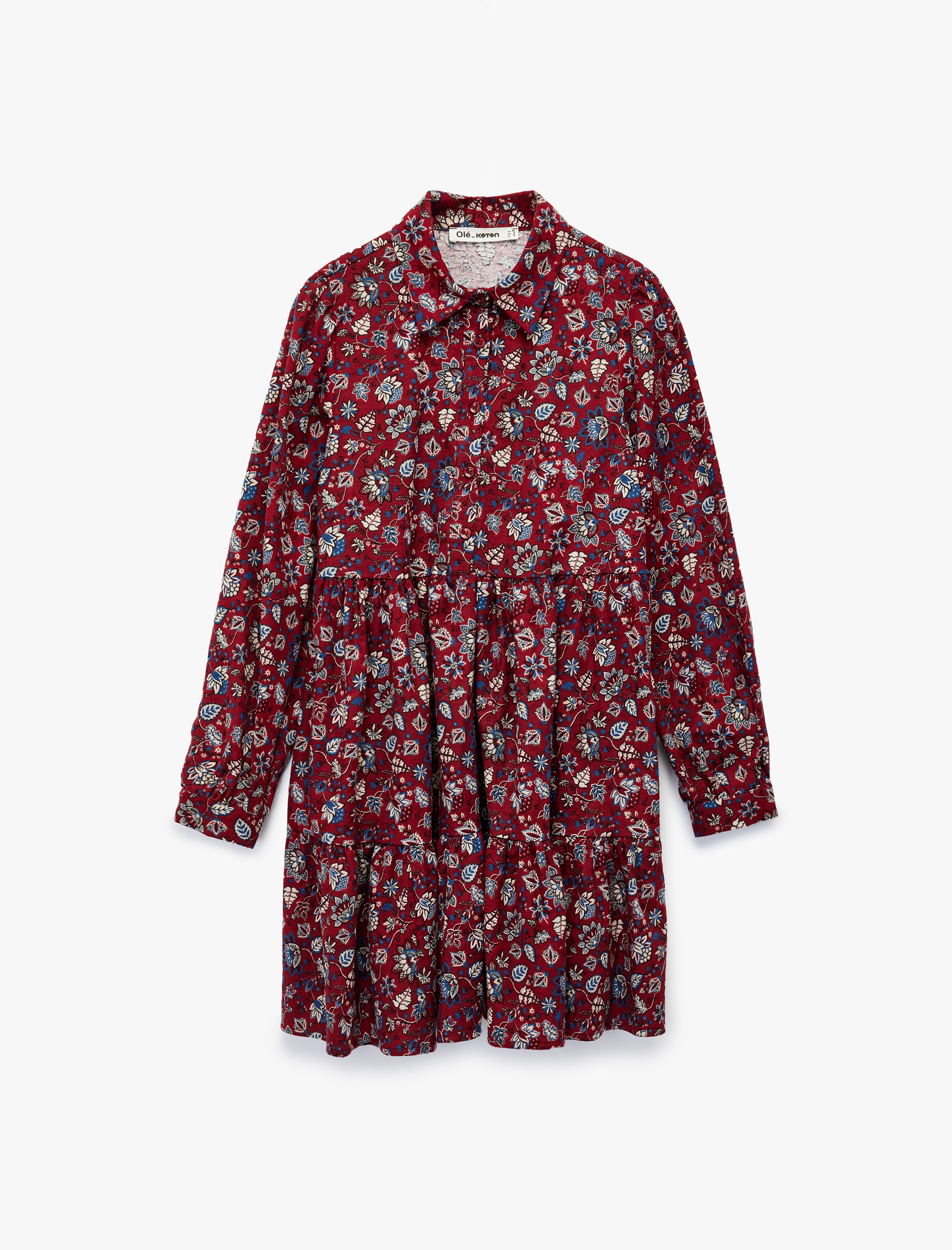   Rahat Kalıp Katlı Düğmeli Çiçekli Uzun Kollu Mini Gömlek Elbise