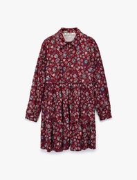 Rahat Kalıp Katlı Düğmeli Çiçekli Uzun Kollu Mini Gömlek Elbise