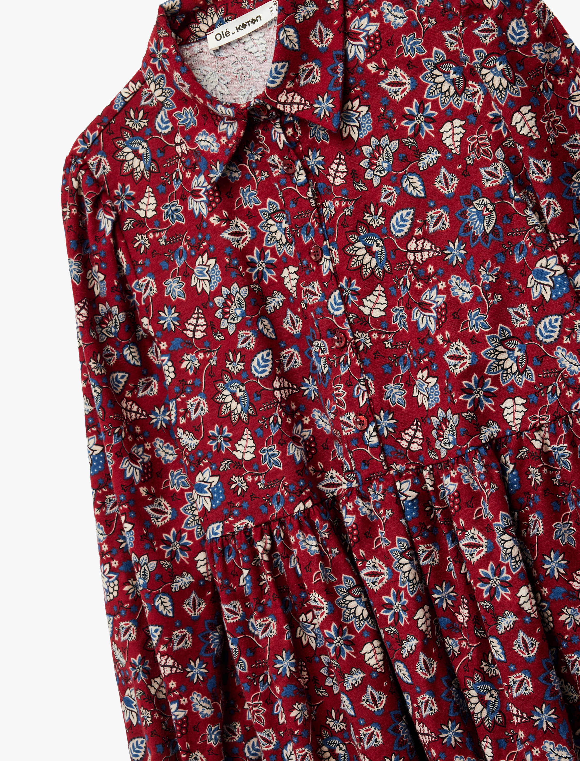   Rahat Kalıp Katlı Düğmeli Çiçekli Uzun Kollu Mini Gömlek Elbise