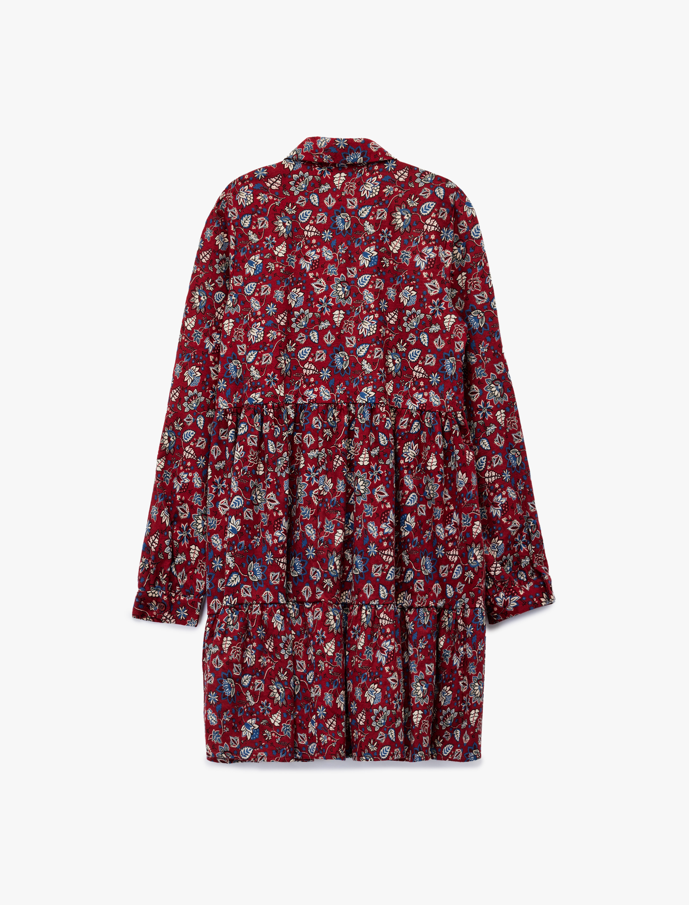   Rahat Kalıp Katlı Düğmeli Çiçekli Uzun Kollu Mini Gömlek Elbise