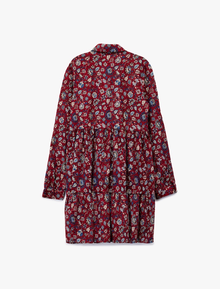  Rahat Kalıp Katlı Düğmeli Çiçekli Uzun Kollu Mini Gömlek Elbise