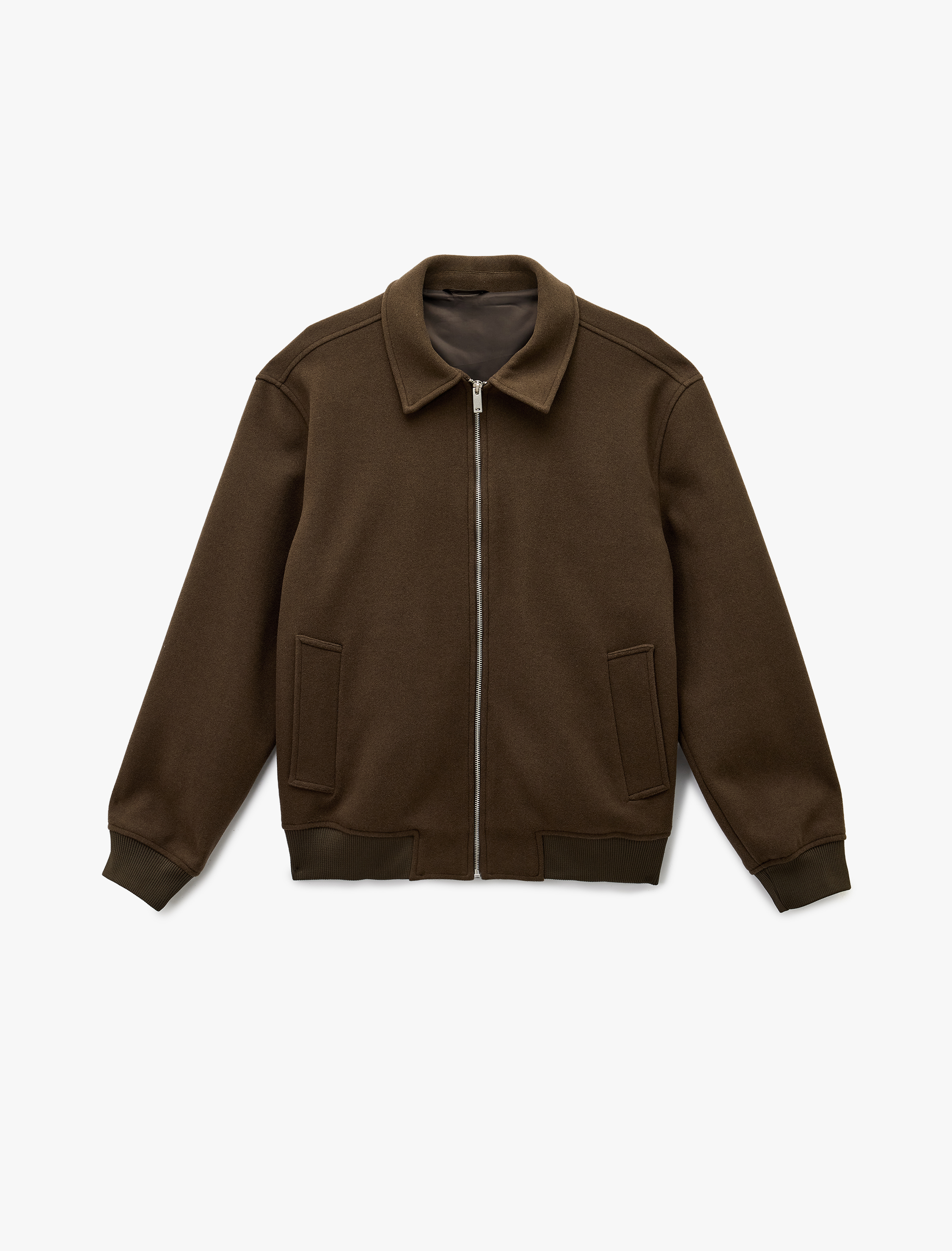   Uzun Kollu Cepli Fermuarlı Gömlek Yaka Kaşe Bomber Ceket