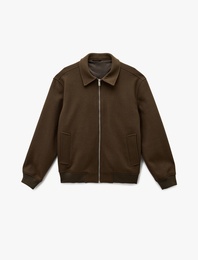 Uzun Kollu Cepli Fermuarlı Gömlek Yaka Kaşe Bomber Ceket