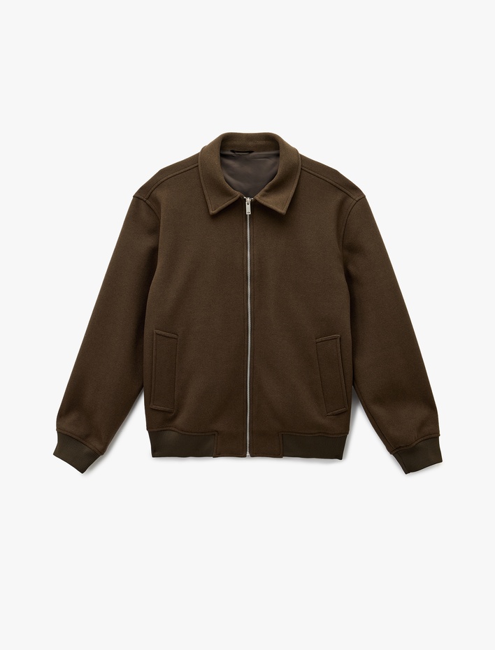  Uzun Kollu Cepli Fermuarlı Gömlek Yaka Kaşe Bomber Ceket