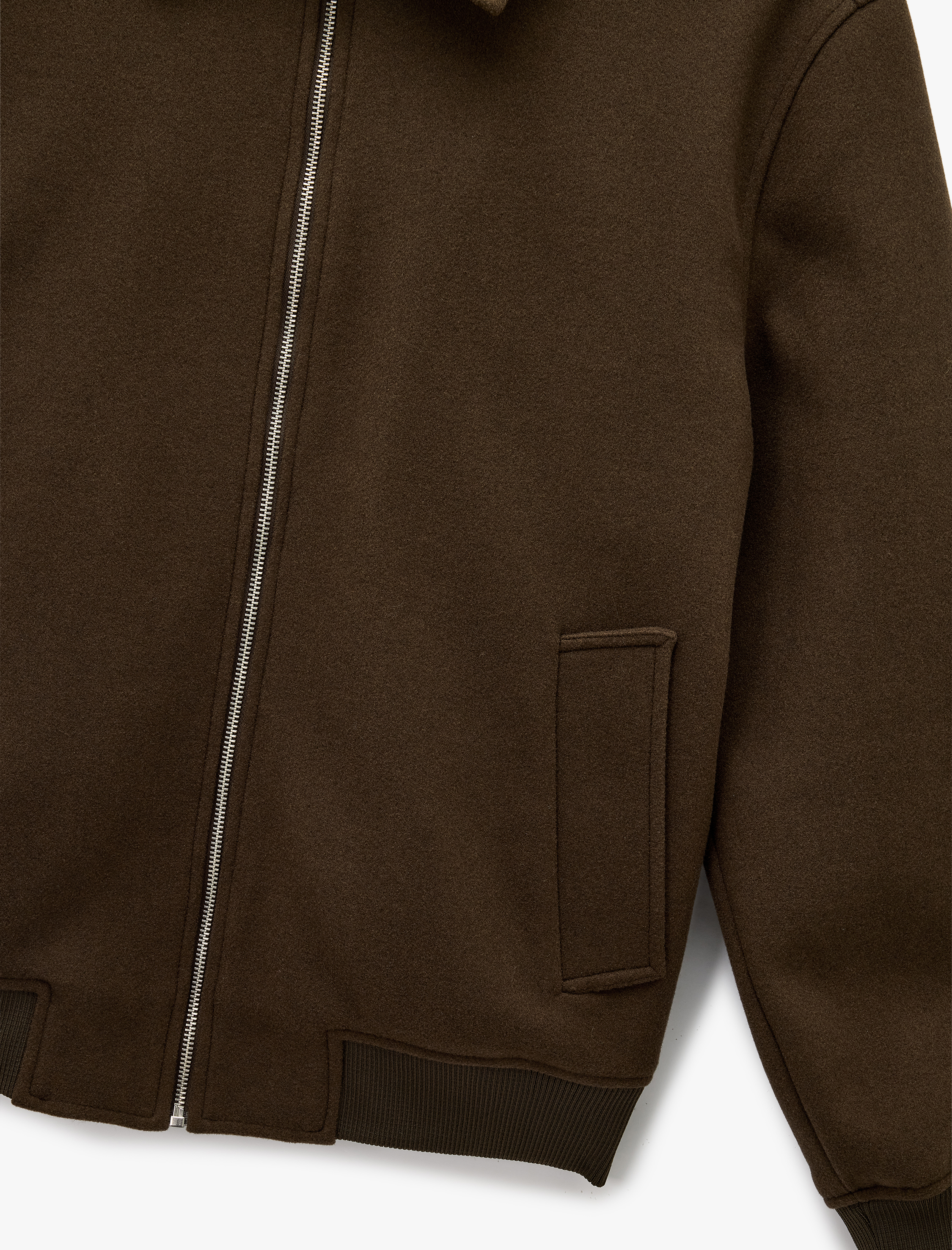   Uzun Kollu Cepli Fermuarlı Gömlek Yaka Kaşe Bomber Ceket