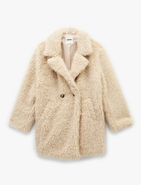 Uzun Kollu Cepli Oversize Kruvaze Suni Kürk Kaban