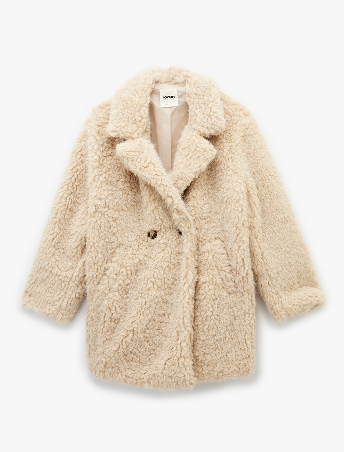  Uzun Kollu Cepli Oversize Kruvaze Suni Kürk Kaban