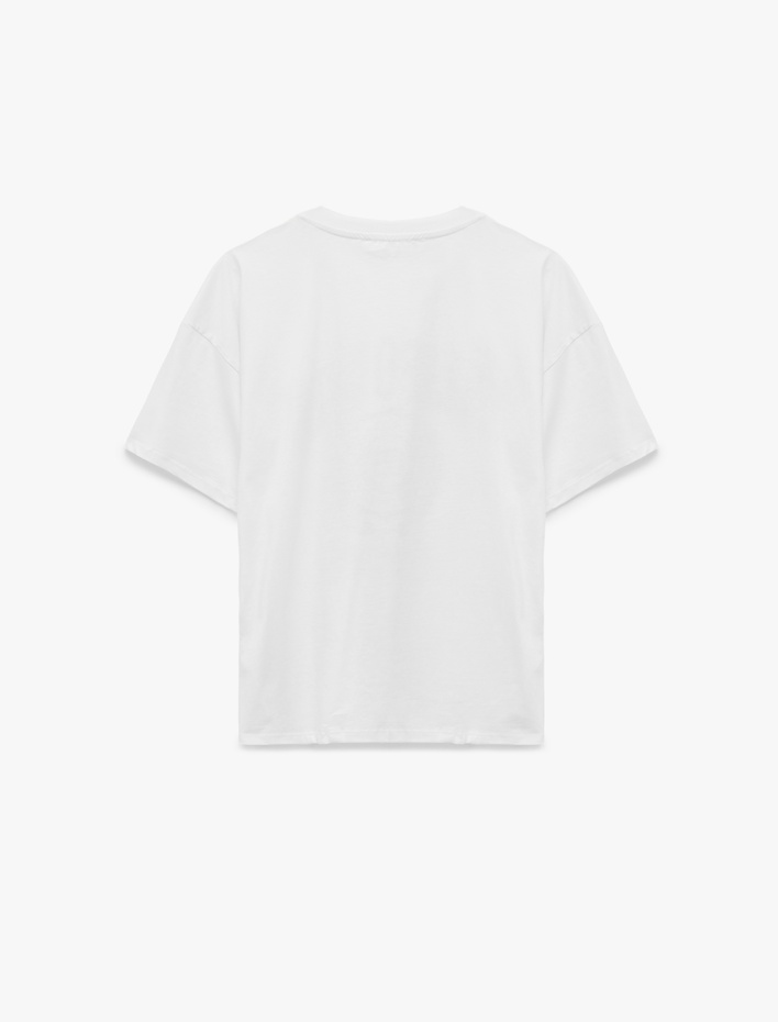  Pamuklu Kısa Kollu Bisiklet Yaka Baskılı Oversize Tişört