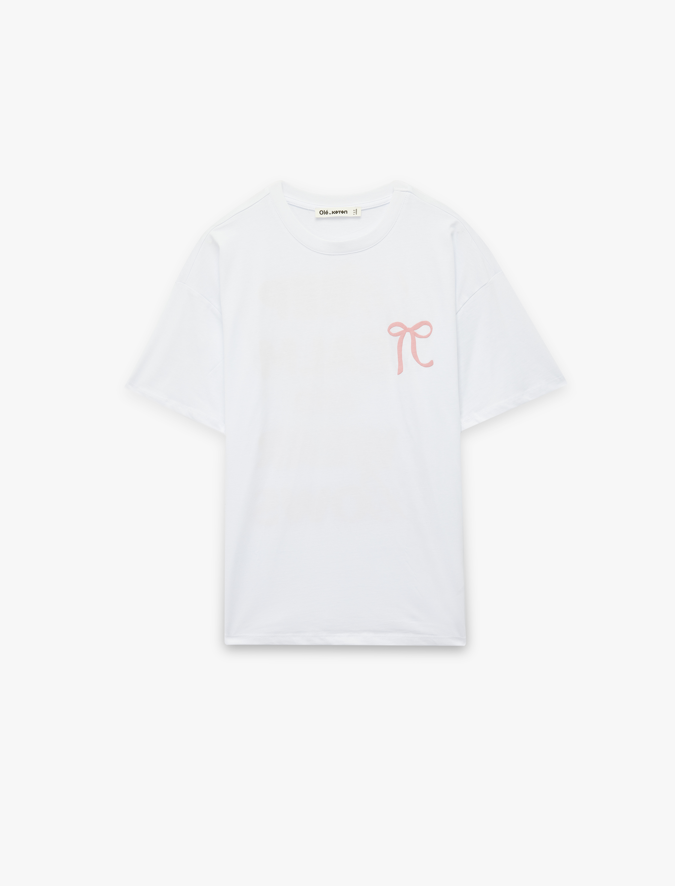   Kısa Kollu Bisiklet Yaka Pamuklu Fiyonklu Arkası Baskılı Oversize Tişört