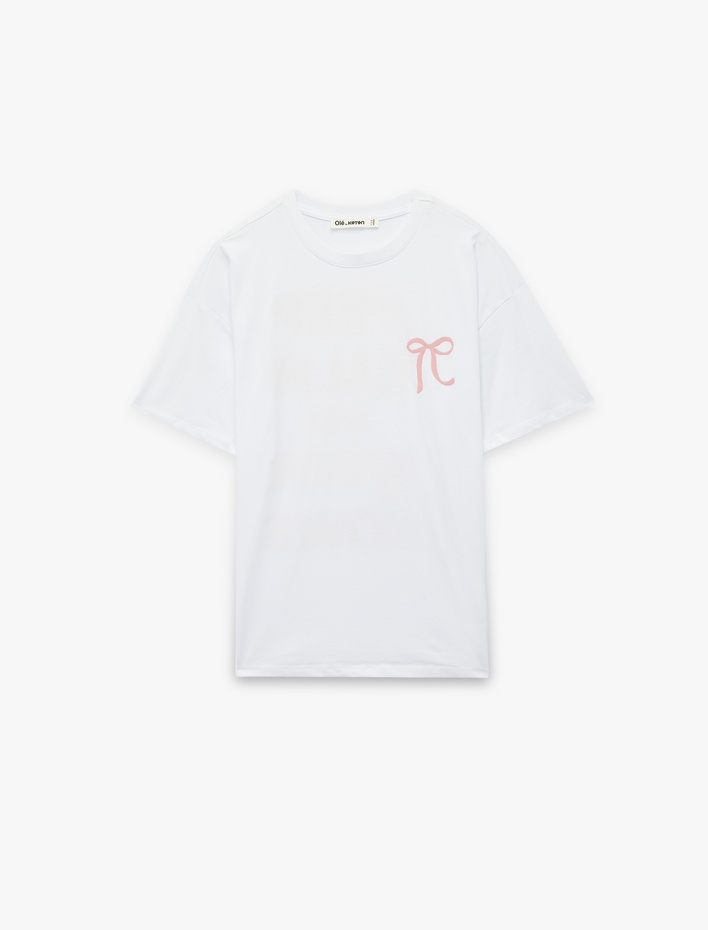  Kısa Kollu Bisiklet Yaka Pamuklu Fiyonklu Arkası Baskılı Oversize Tişört