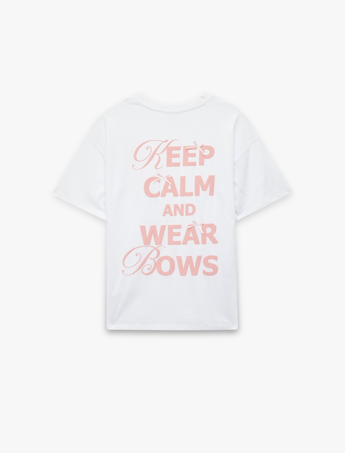  Kısa Kollu Bisiklet Yaka Pamuklu Fiyonklu Arkası Baskılı Oversize Tişört