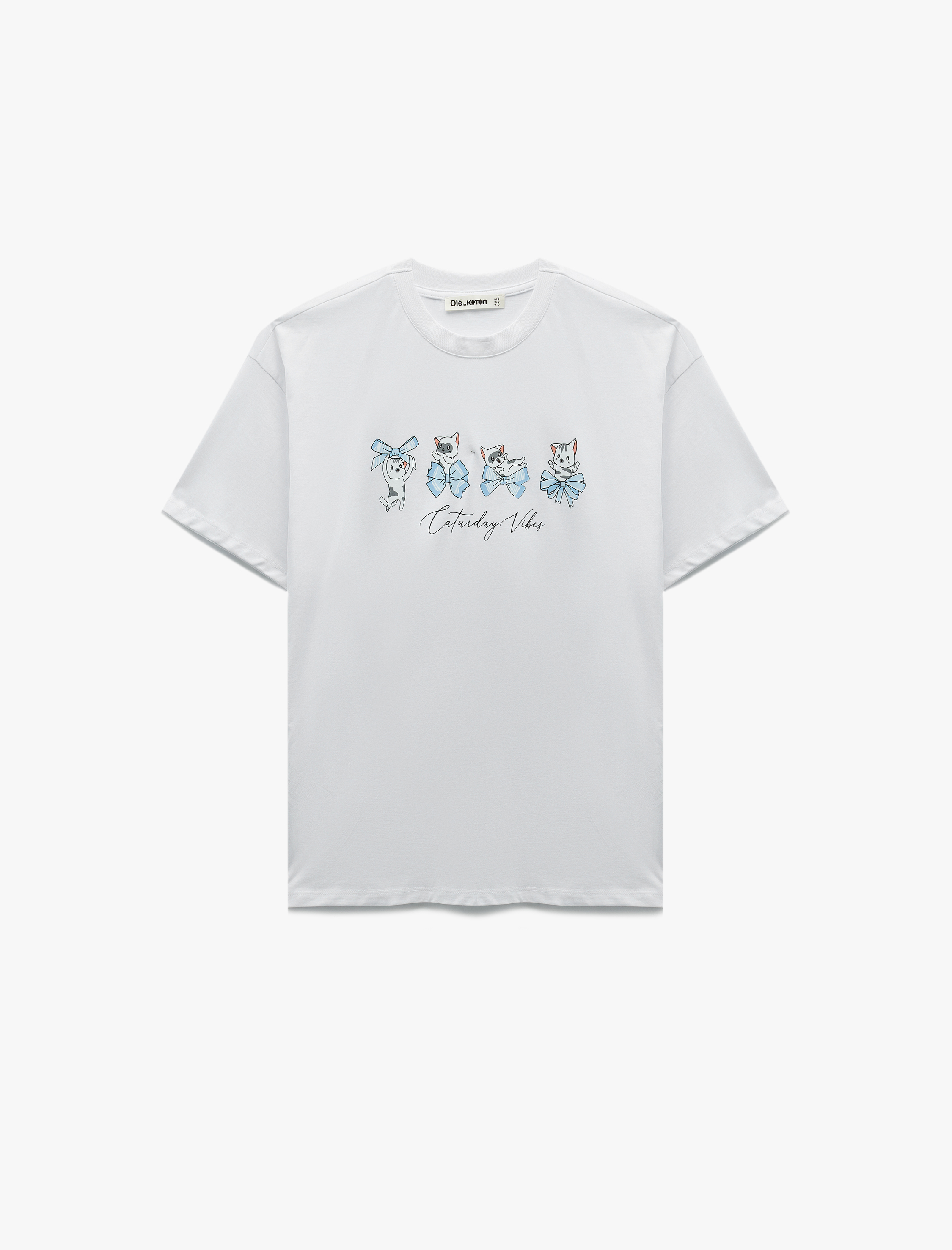   Kısa Kollu Bisiklet Yaka Pamuklu Kedi Baskılı Oversize Tişört