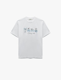 Kısa Kollu Bisiklet Yaka Pamuklu Kedi Baskılı Oversize Tişört