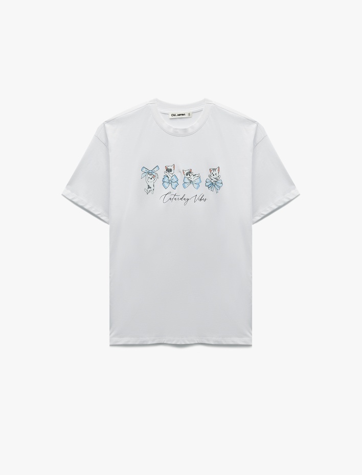  Kısa Kollu Bisiklet Yaka Pamuklu Kedi Baskılı Oversize Tişört