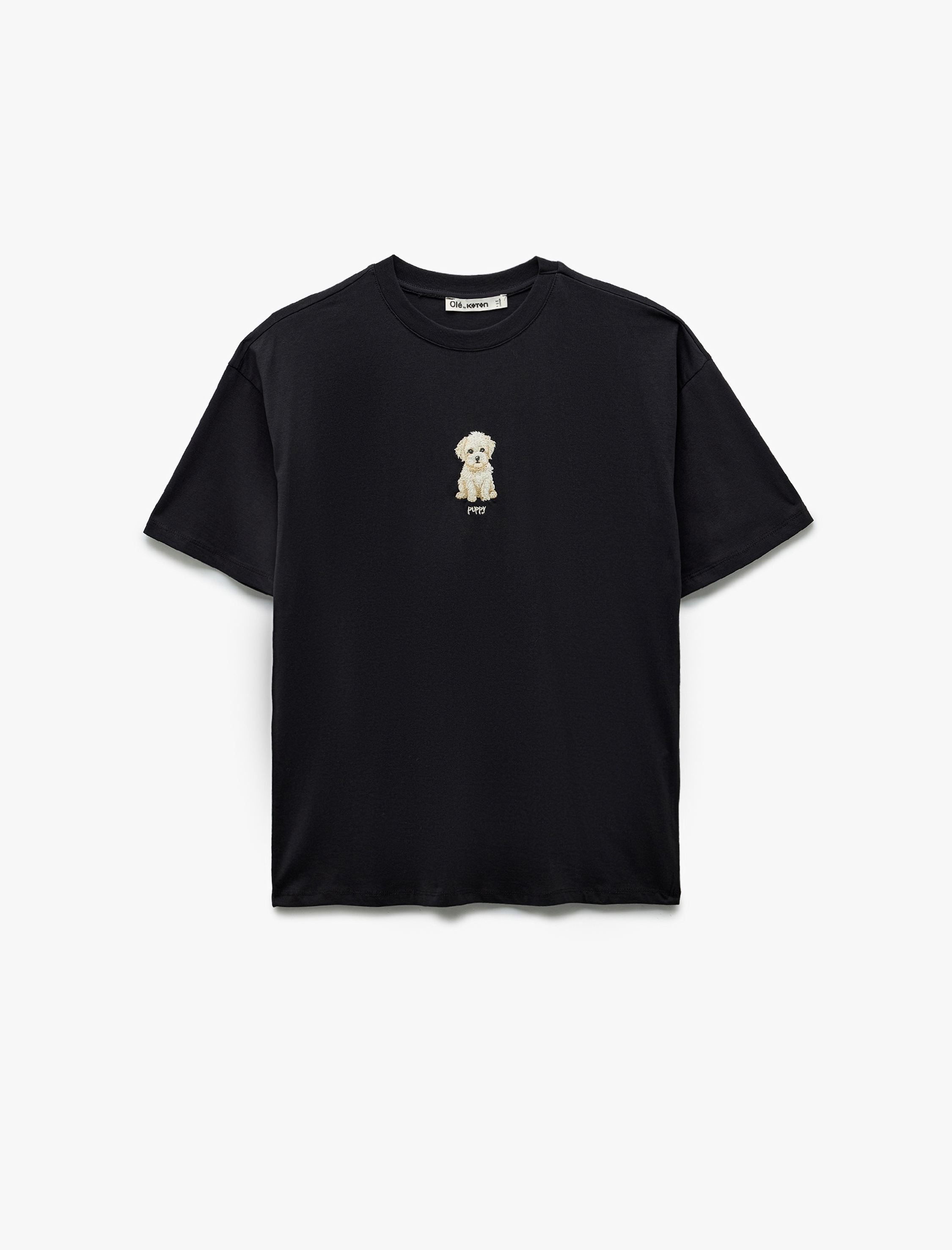   Bisiklet Yaka Kısa Kollu Köpek Nakışlı Pamuklu Oversize Tişört