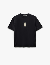 Bisiklet Yaka Kısa Kollu Köpek Nakışlı Pamuklu Oversize Tişört