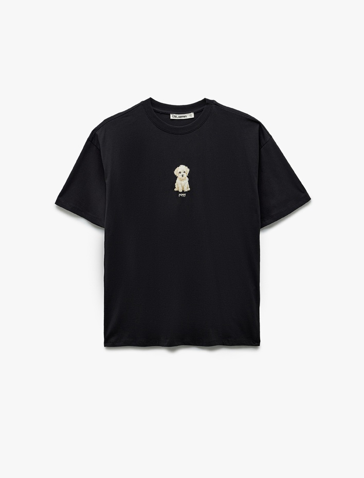  Bisiklet Yaka Kısa Kollu Köpek Nakışlı Pamuklu Oversize Tişört