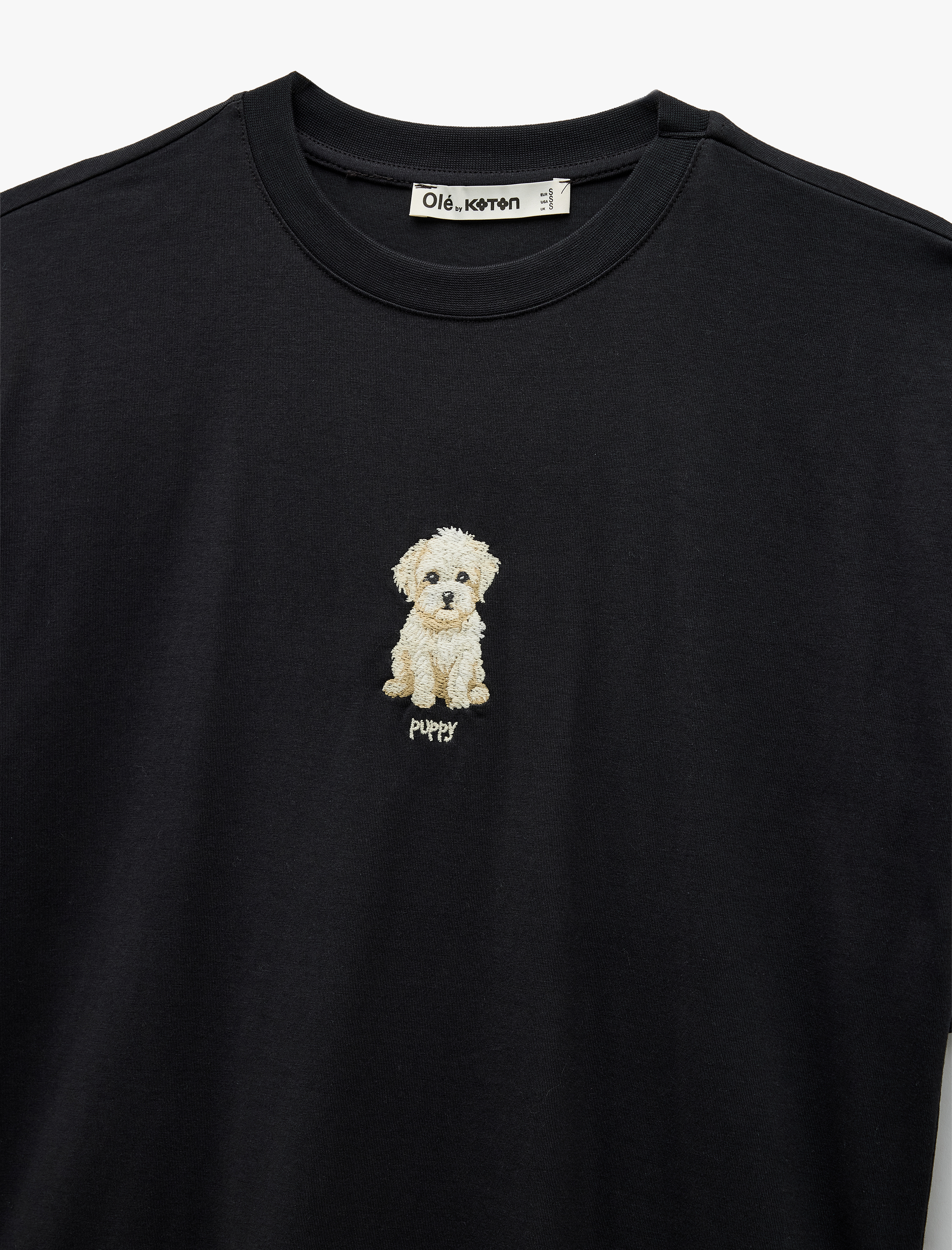   Bisiklet Yaka Kısa Kollu Köpek Nakışlı Pamuklu Oversize Tişört