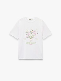 Kısa Kollu Bisiklet Yaka Çiçek Baskılı Pamuklu Oversize Tişört