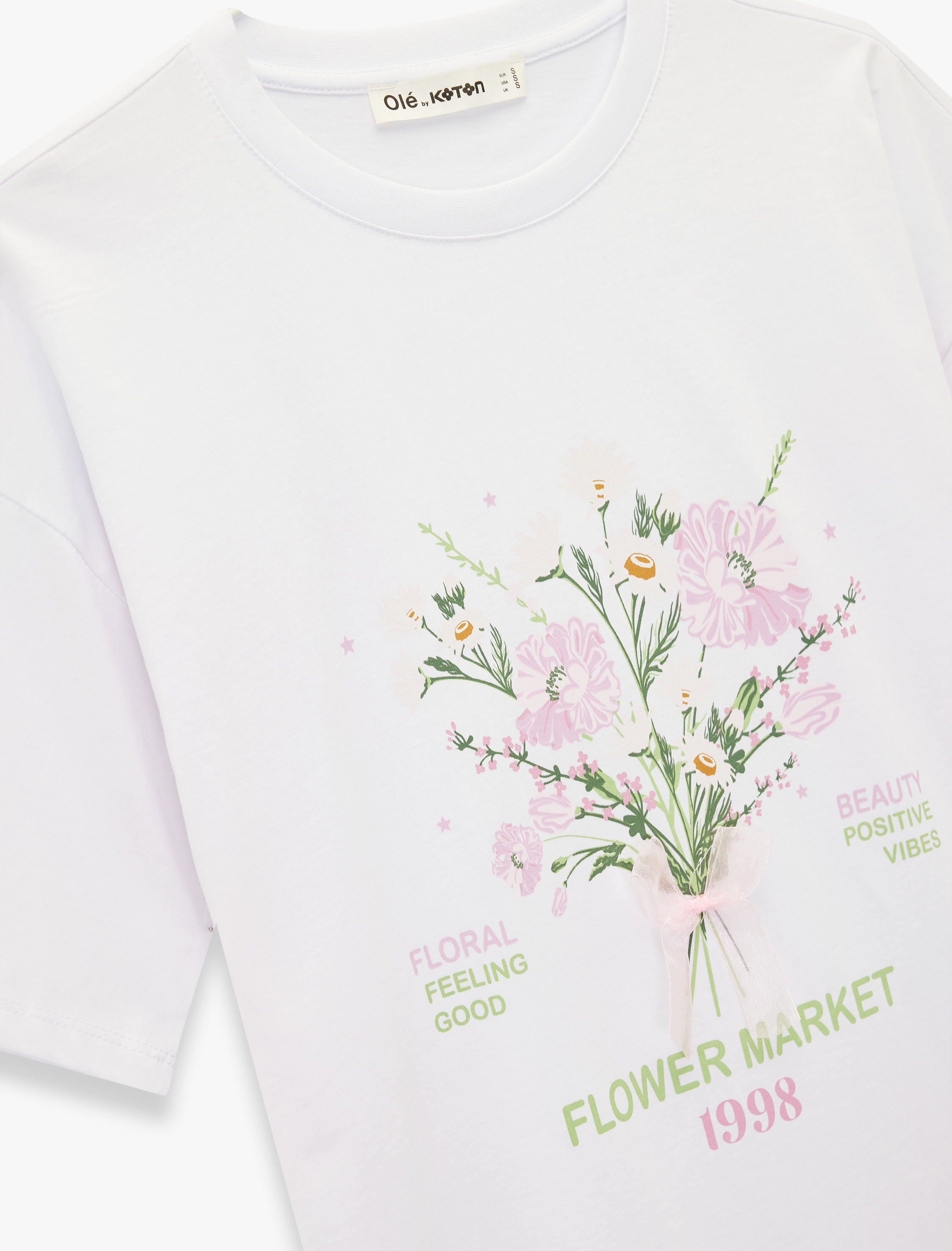   Kısa Kollu Bisiklet Yaka Çiçek Baskılı Pamuklu Oversize Tişört