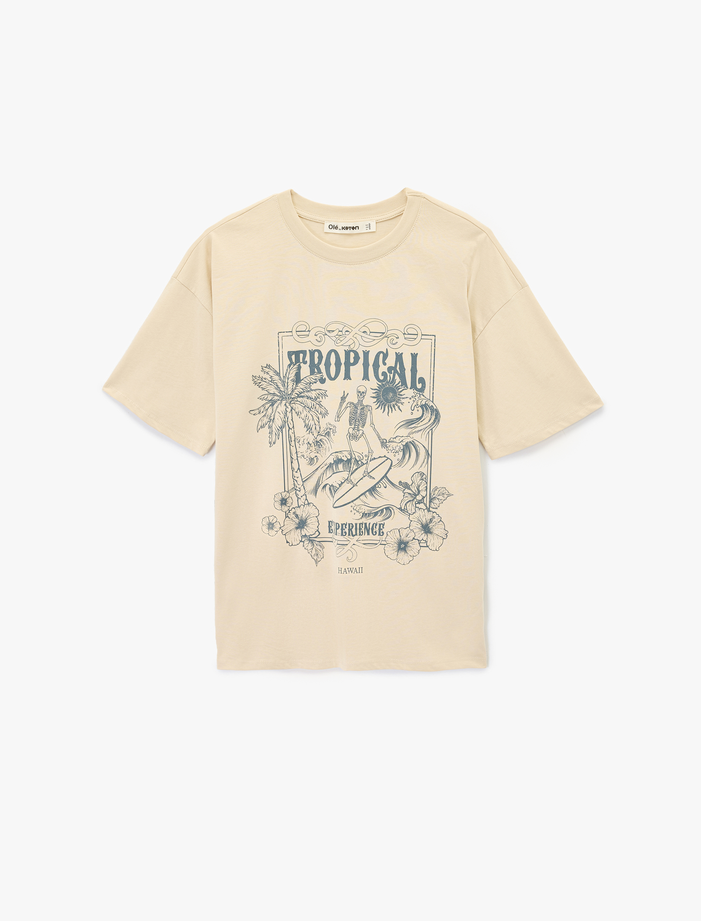   Pamuklu Kısa Kollu Bisiklet Yaka Kuru Kafa Baskılı Oversize Tişört