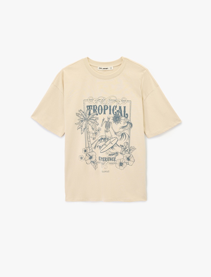  Pamuklu Kısa Kollu Bisiklet Yaka Kuru Kafa Baskılı Oversize Tişört