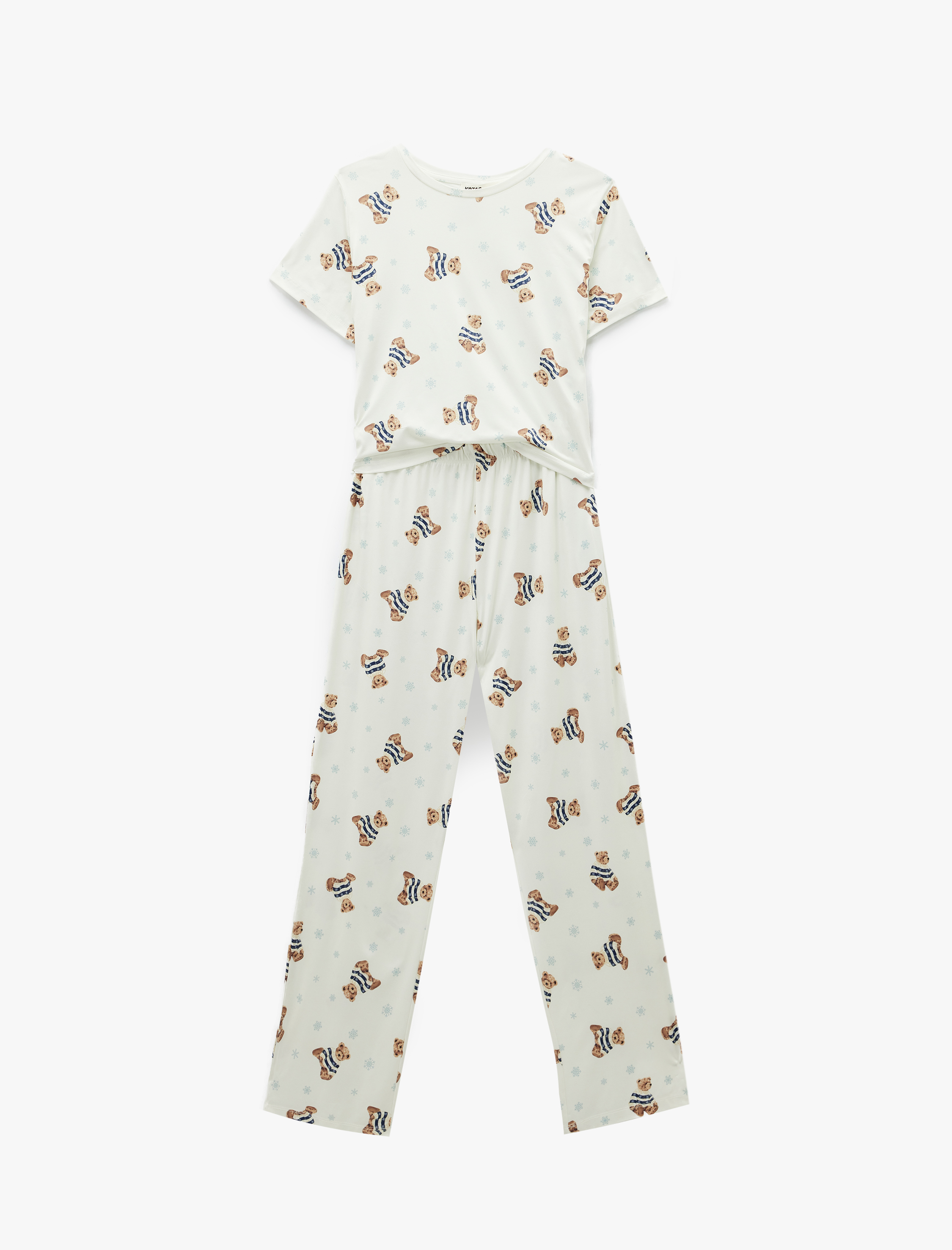   Rahat Kalıp Kısa Kollu Bisiklet Yaka Ayıcık Baskılı Pijama Takımı