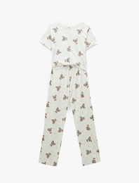 Rahat Kalıp Kısa Kollu Bisiklet Yaka Ayıcık Baskılı Pijama Takımı