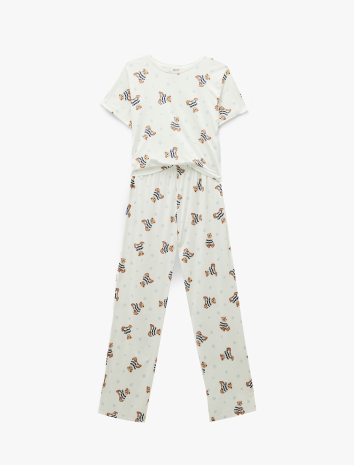  Rahat Kalıp Kısa Kollu Bisiklet Yaka Ayıcık Baskılı Pijama Takımı