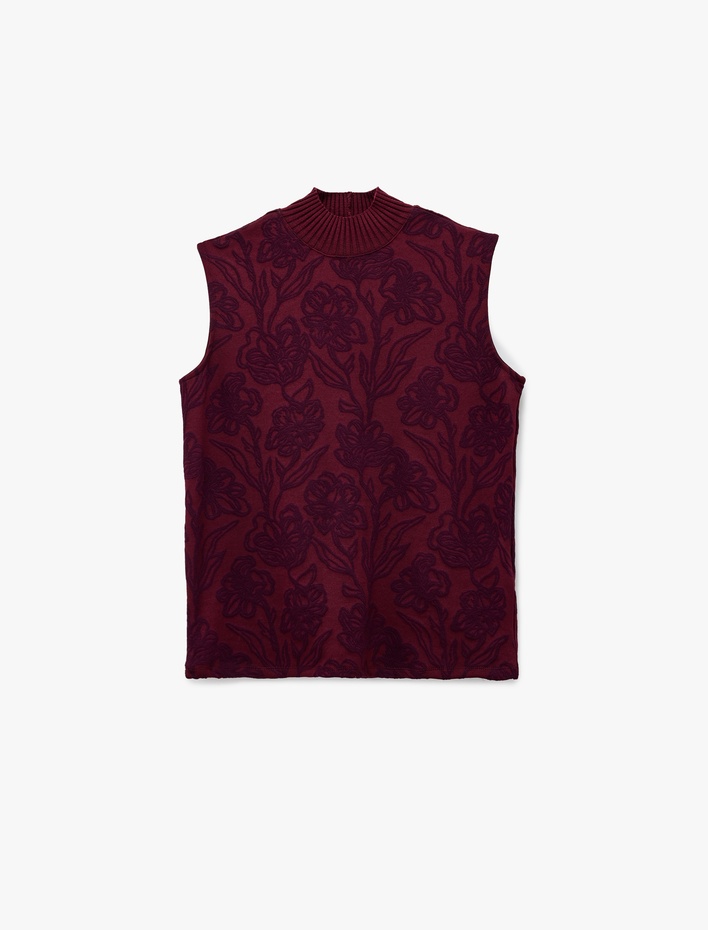  Slim Fit Balıkçı Yaka Kolsuz Floral Desenli Bluz