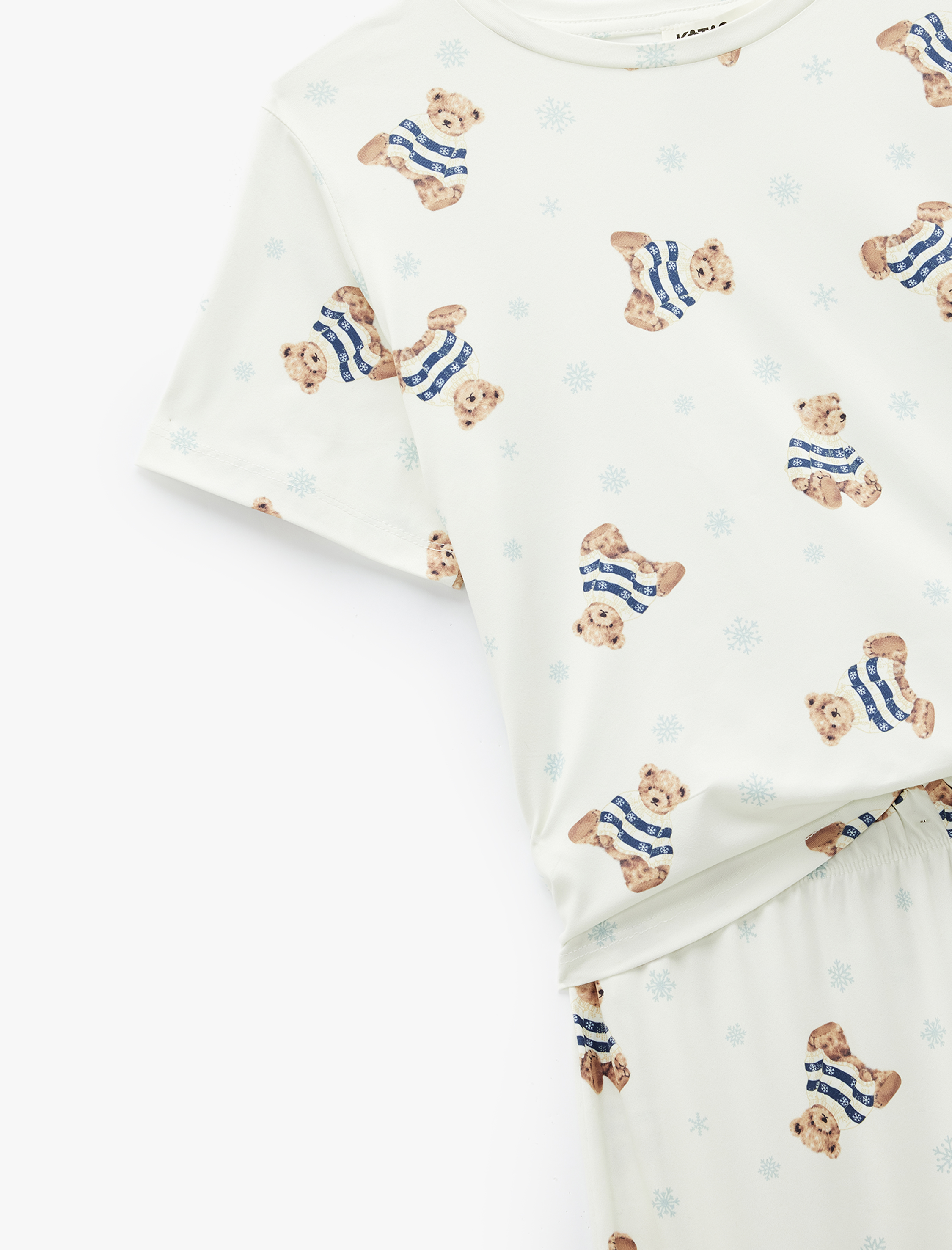   Rahat Kalıp Kısa Kollu Bisiklet Yaka Ayıcık Baskılı Pijama Takımı