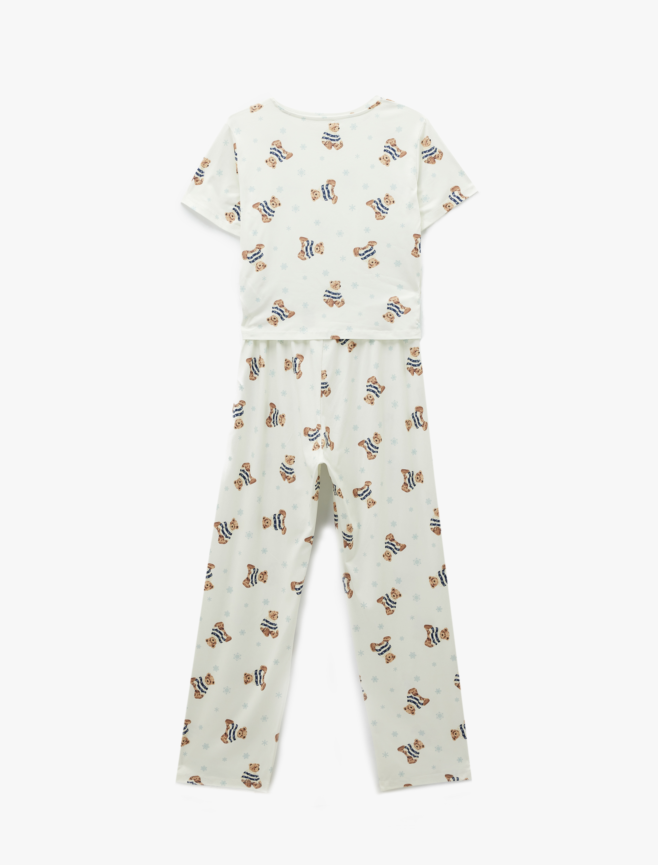   Rahat Kalıp Kısa Kollu Bisiklet Yaka Ayıcık Baskılı Pijama Takımı