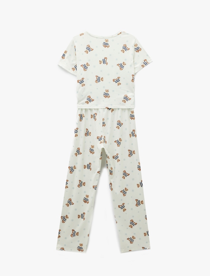  Rahat Kalıp Kısa Kollu Bisiklet Yaka Ayıcık Baskılı Pijama Takımı