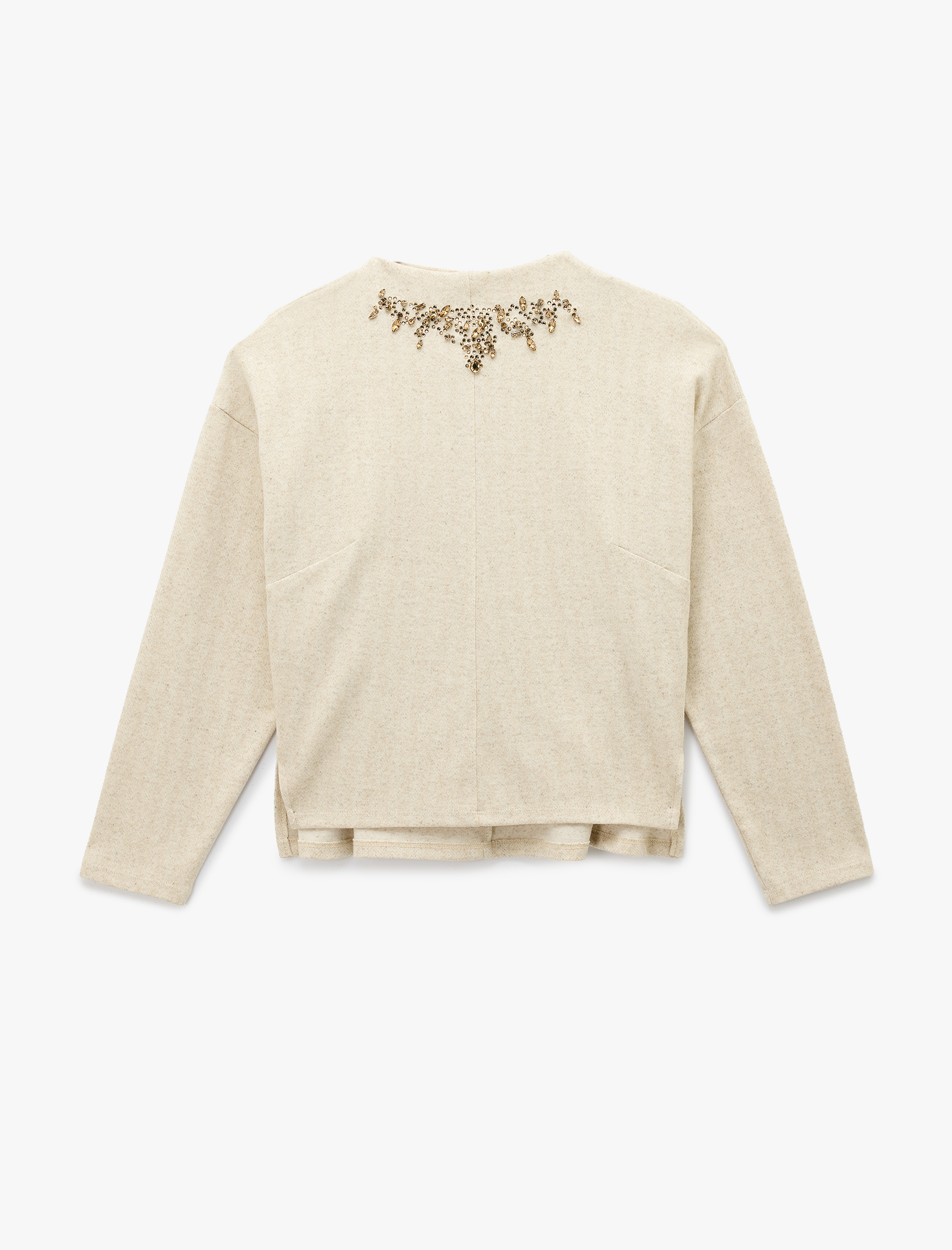   Yumuşak Dokulu Bol Kalıp Uzun Kollu Dik Yaka Taşlı Kazak