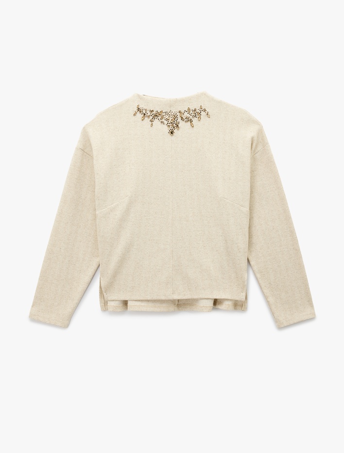  Yumuşak Dokulu Bol Kalıp Uzun Kollu Dik Yaka Taşlı Kazak