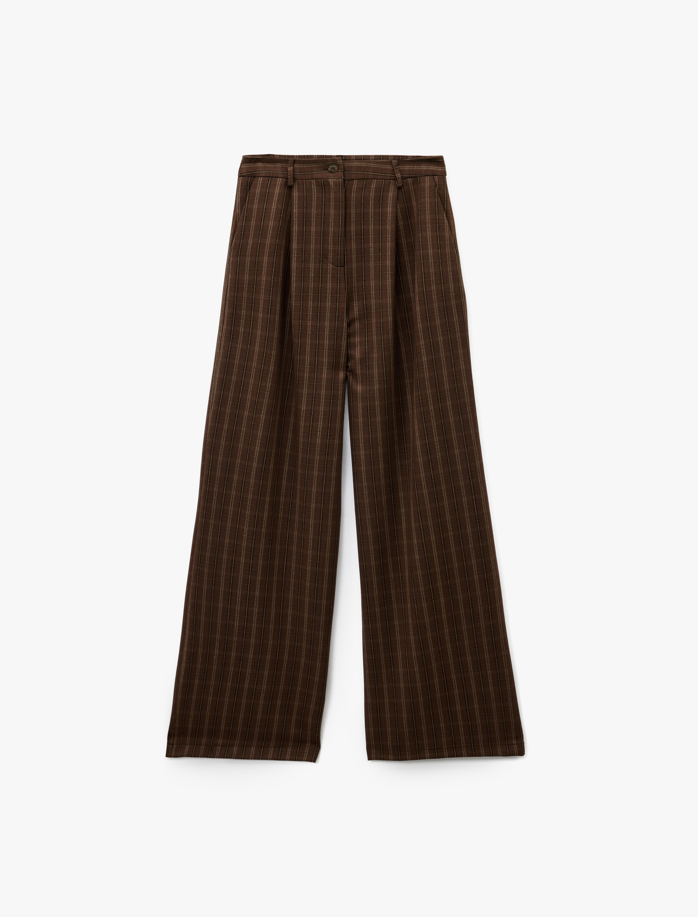   Viskon Karışımlı Cep Detaylı Düğmeli Geniş Paça Ekoseli Pantolon