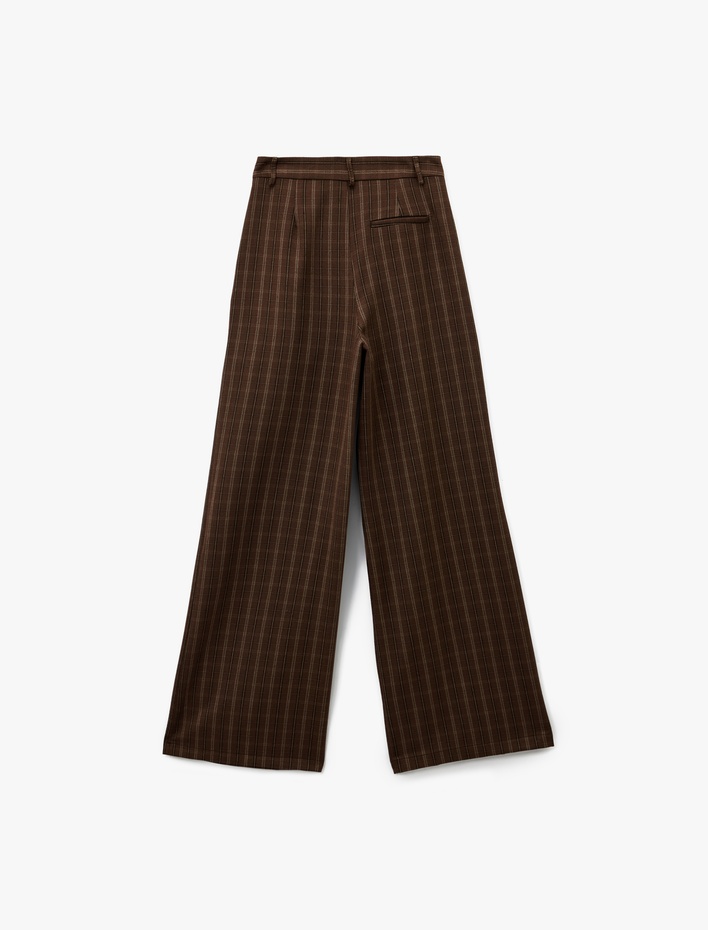  Viskon Karışımlı Cep Detaylı Düğmeli Geniş Paça Ekoseli Pantolon