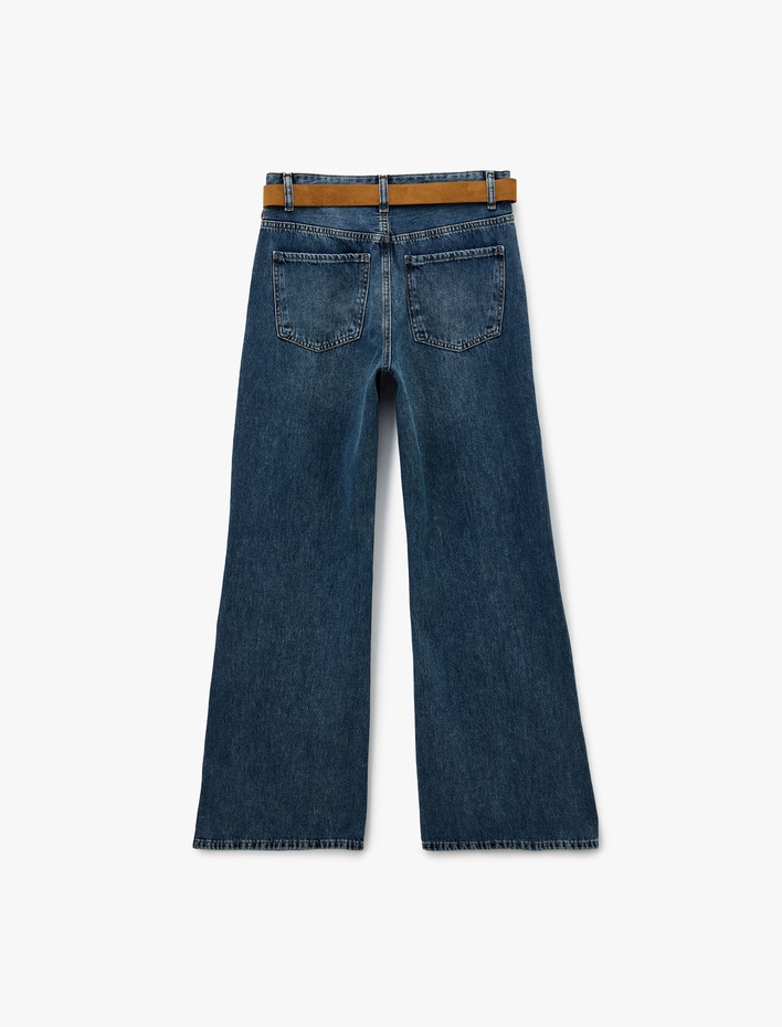  Pamuklu Düğmeli Kemer Detaylı İspanyol Paça Jean Pantolon - Flare Jeans